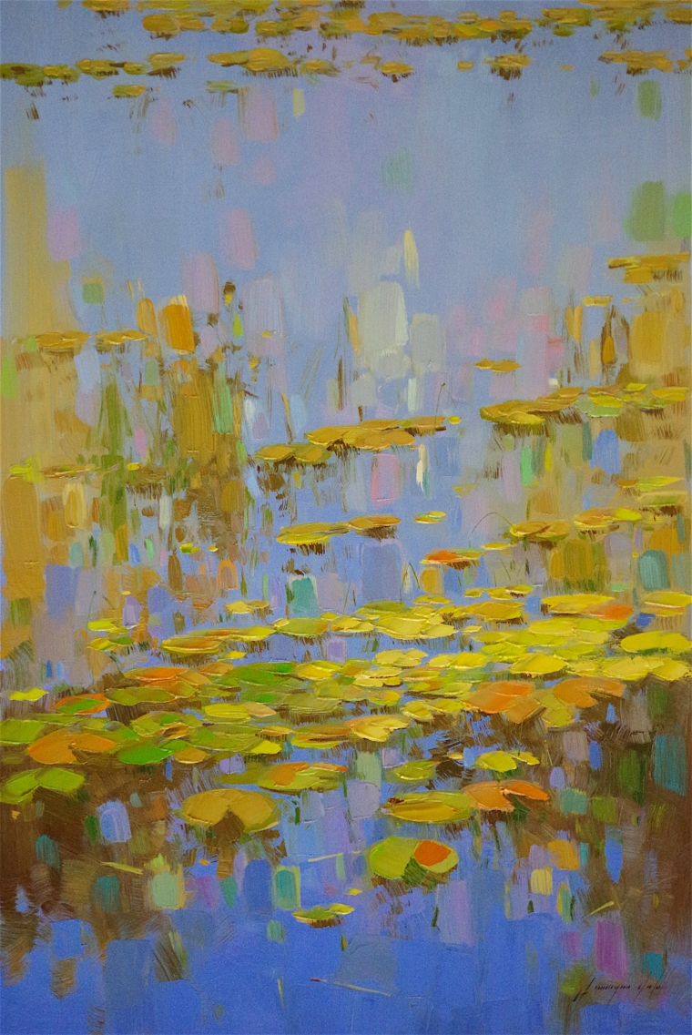 Waterlilies -Cobalt Pond, oil Painting, Handmade art, One of a Kind, Signed with Certificate of Authenticity 