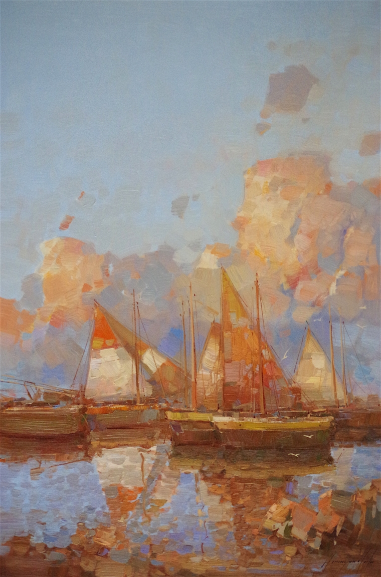 Sail Boats Harbor oil Painting, large Size Handmade art, One of a Kind, Signed with Certificate of Authenticity  