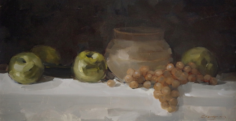 Still Life with Grapes and Jug, Original  oil Painting, Handmade art, One of a Kind, Signed with Certificate of Authenticity 