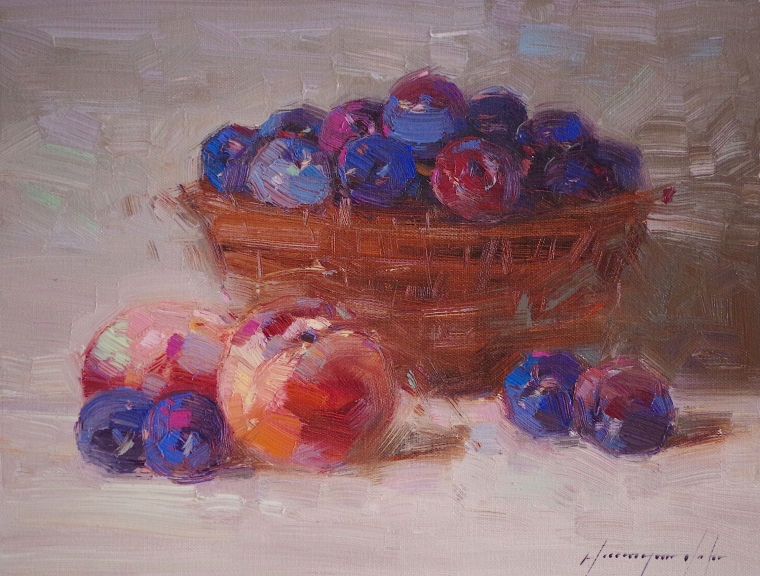 Still Life, Basket of plums, Original oil Painting, Handmade art, One of a Kind, Signed with Certificate of Authenticity