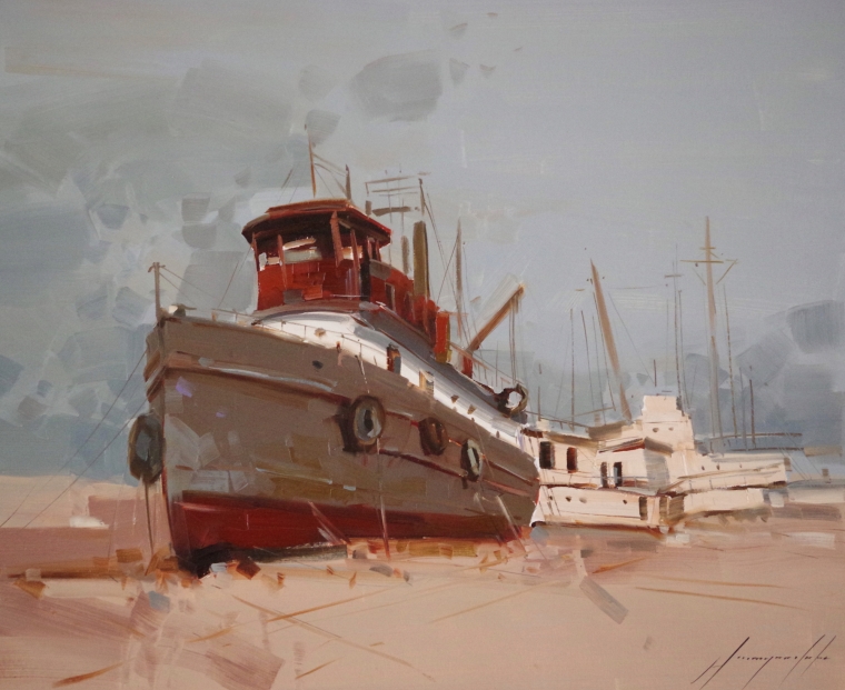Old Tug, Seascape oil Painting, Handmade art, One of a Kind, Signed with Certificate of Authenticity  