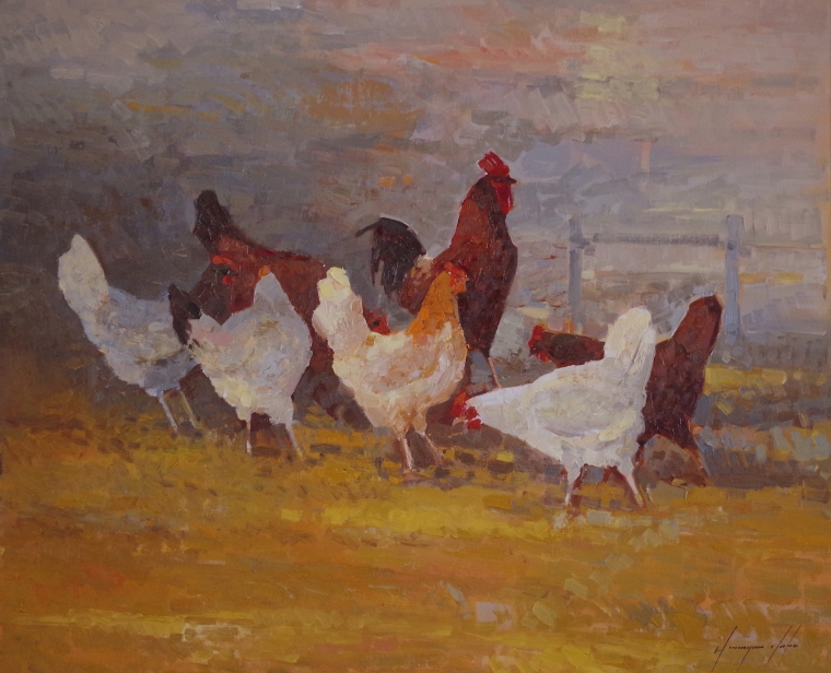 Hens, Original oil Painting, Handmade art, One of a Kind, Signed with Certificate of Authenticity 