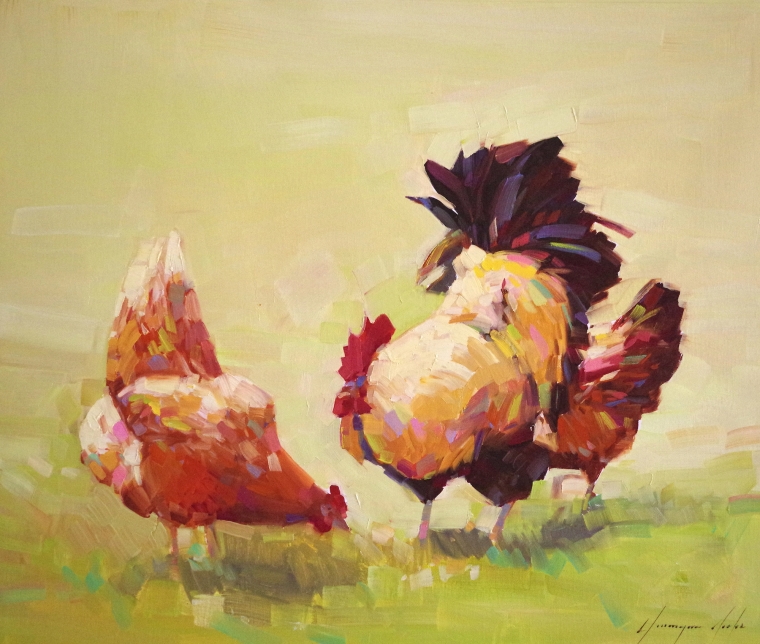 Hens, Original oil Painting, Handmade art, One of a Kind, Signed with Certificate of Authenticity 