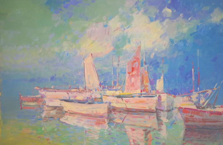 Sail Boats Harbor oil Painting, large Size Handmade art, One of a Kind, Signed with Certificate of Authenticity   