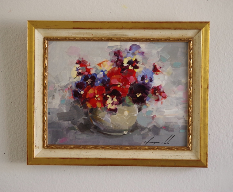 Vase of Pansies, Original oil Painting, Handmade art, Framed, One of a Kind, Signed with Certificate of Authenticity 