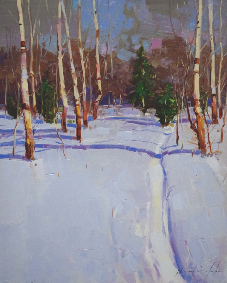 Through the Birches, Winter Landscape oil Painting, Handmade art, One of a Kind, Signed  
