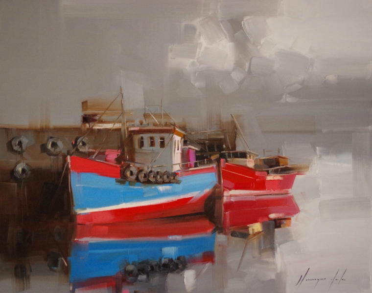 Tug Boats, Handmade oil Painting, Original Handmade art, One of a Kind, Signed 