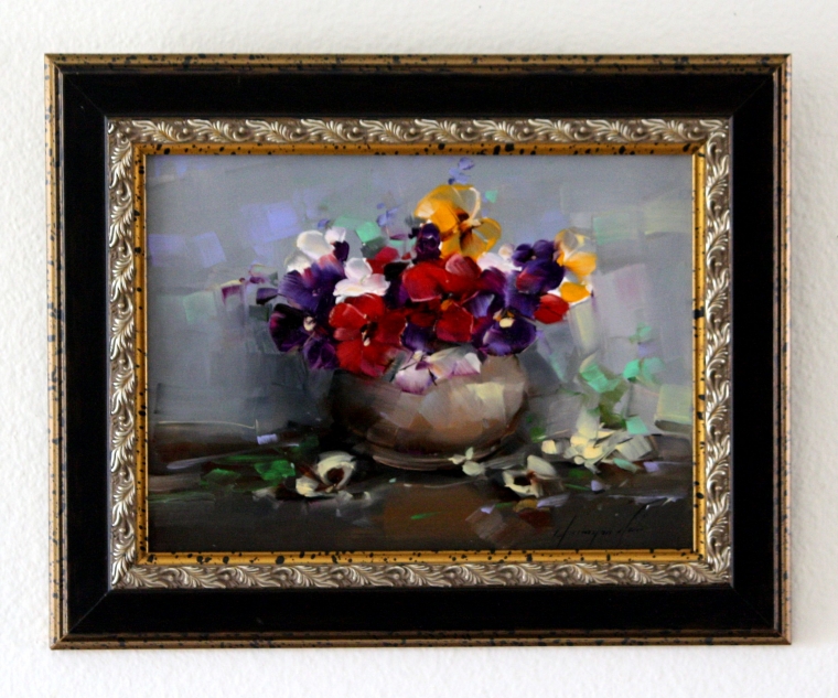 Vase of Pansies, Original oil Painting, Handmade art, Framed, One of a Kind, Signed    