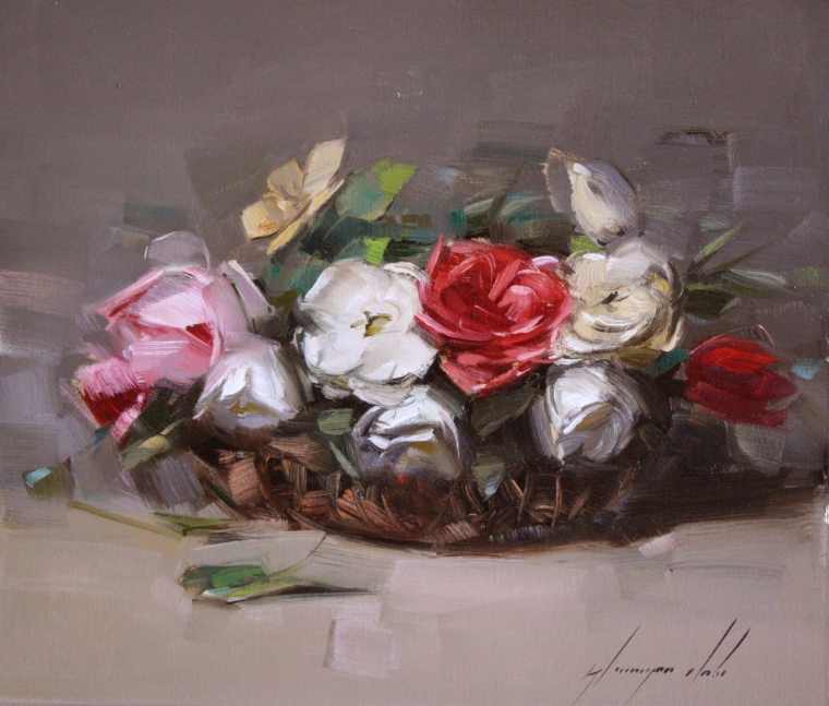 Basket Roses, Original Oil Painting, Handmade art, One of a Kind, Signed with Certificate of Authenticity  