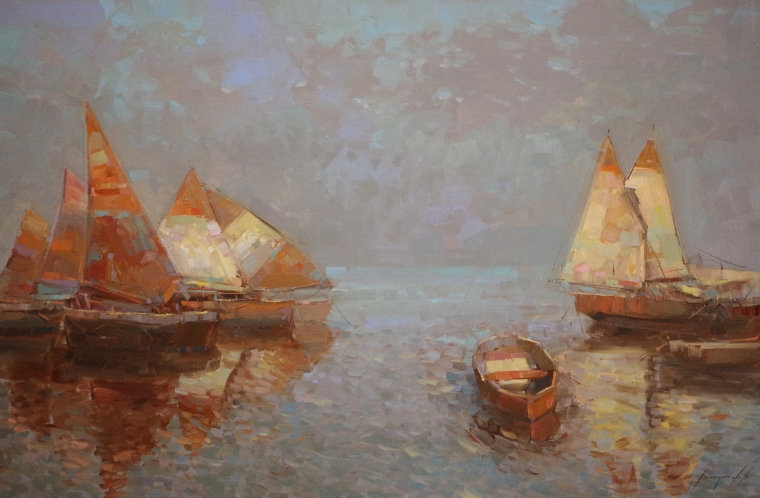 Harbor-Sail Boats, Original oil Painting, Handmade art, One of a Kind, Signed     