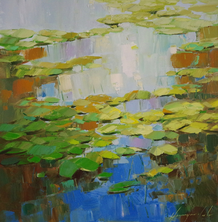 Waterlilies Pond, Landscape Original oil Painting, Handmade art, One of a Kind, Signed    