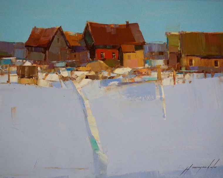 Village-Winter Time, Landscape Original oil Painting, Handmade art, One of a Kind, Signed   