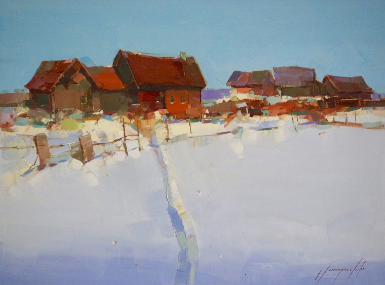 Village-Winter Time, Landscape Original oil Painting, Handmade art, One of a Kind, Signed  