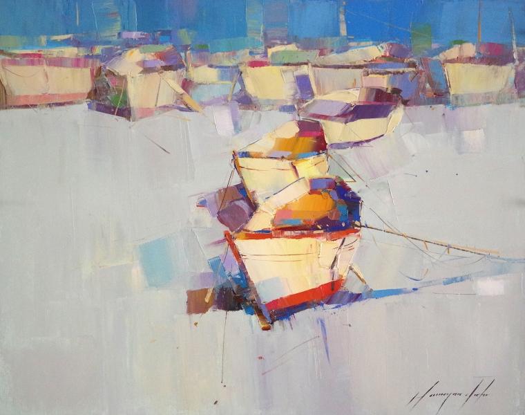 Rowboats, Original oil Painting, Handmade art by Palette Knife, One of a Kind 