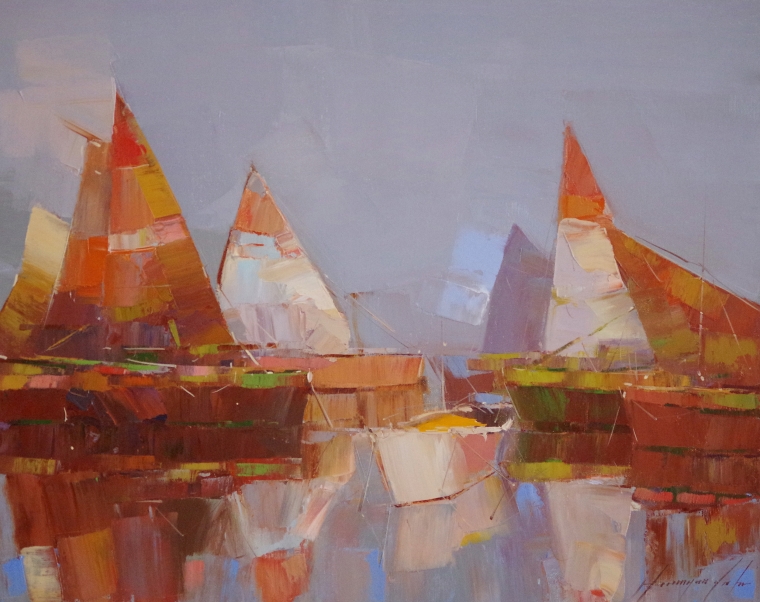 Sail Boats, Original oil Painting, Handmade art by Palette Knife, One of a Kind 