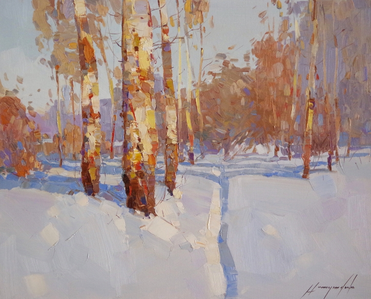 Winter Day, Landscape Original oil Painting, Handmade art, One of a Kind, Signed  