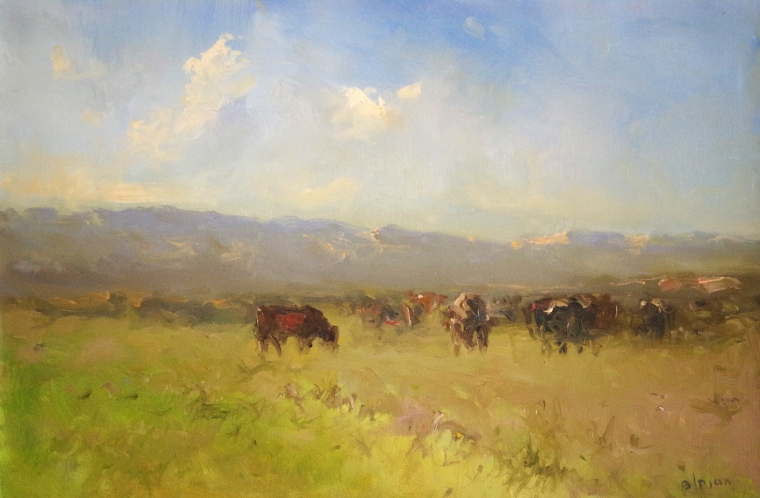 Cows in the Meadow, Landscape Original oil Painting on Canvas, Handmade art, One of a Kind, Signed 