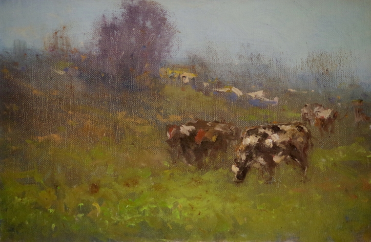 Cows in the Meadow, Landscape Original oil Painting on Canvas, Handmade art, One of a Kind, Signed