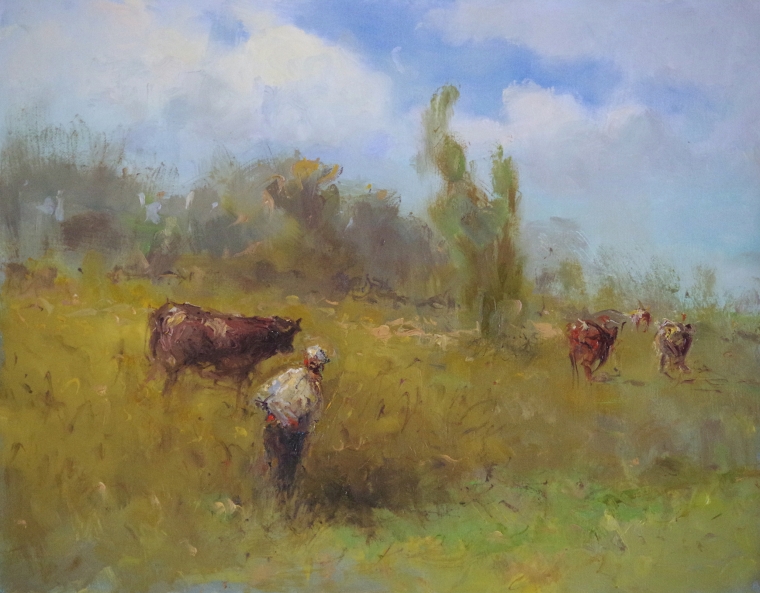 Cows in the Meadow, Landscape Original oil Painting on Canvas, Handmade art, One of a Kind, Signed