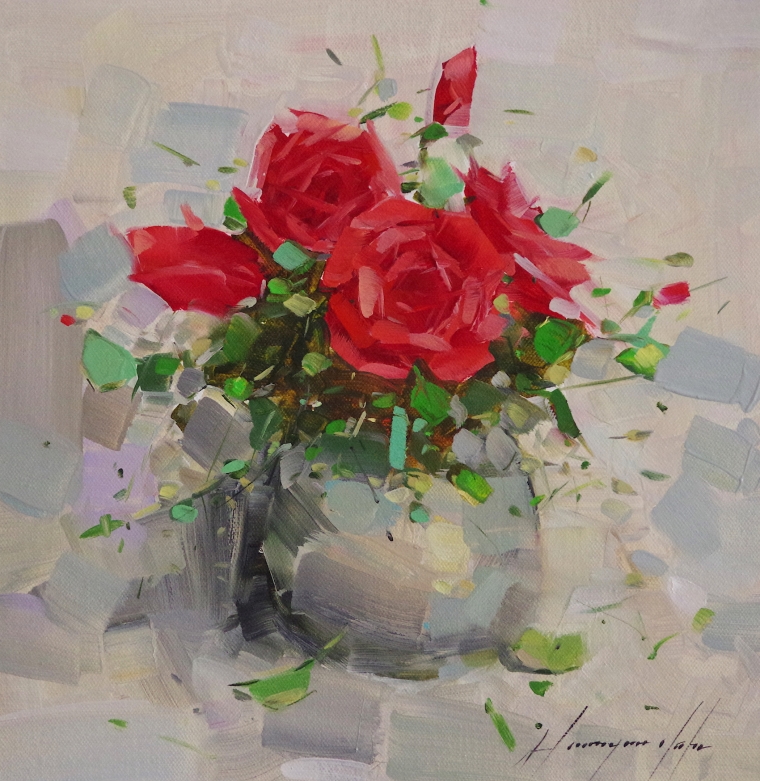 Vase of Roses, Cityscape, Original oil Painting, Handmade art, One of a Kind    