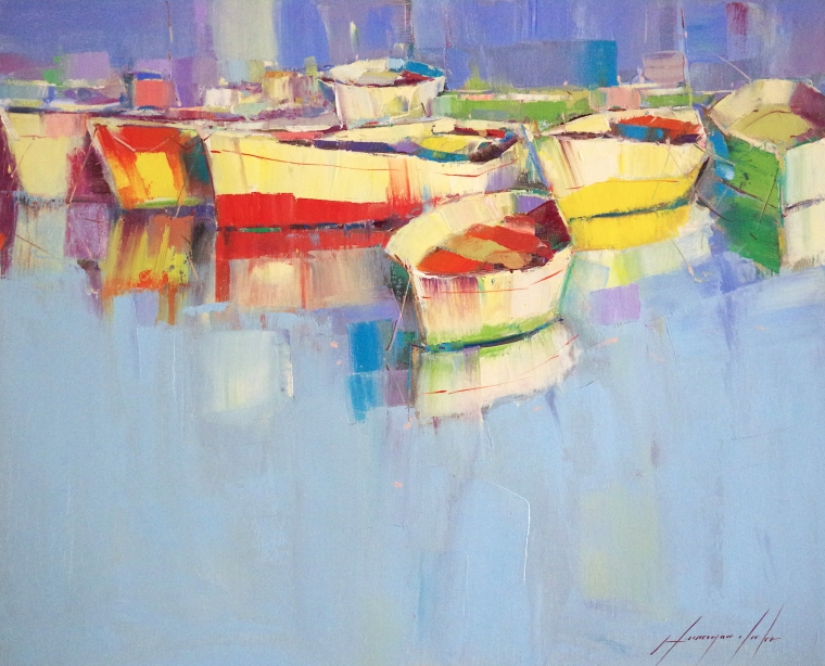  Boats, Original oil Painting by Palette Knife, Handmade art, One of a Kind 