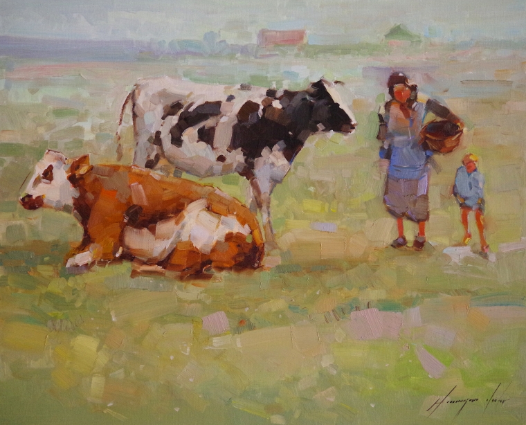 Cows in the Meadow, Original oil Painting, Handmade art, Signed