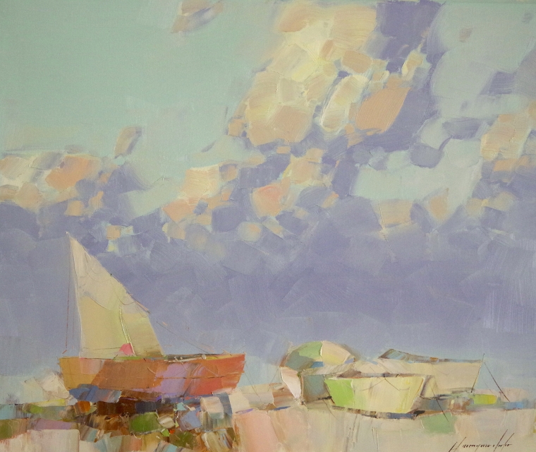 Fishing Boats, Original oil Painting by Palette Knife, Handmade art, One of a Kind