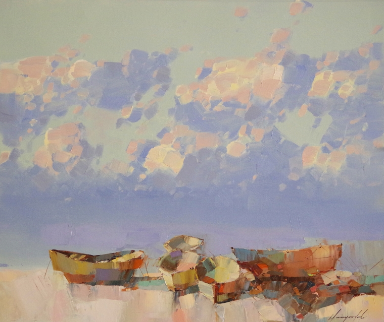 Rowboats, Original oil Painting by Palette Knife, Handmade art, One of a Kind  