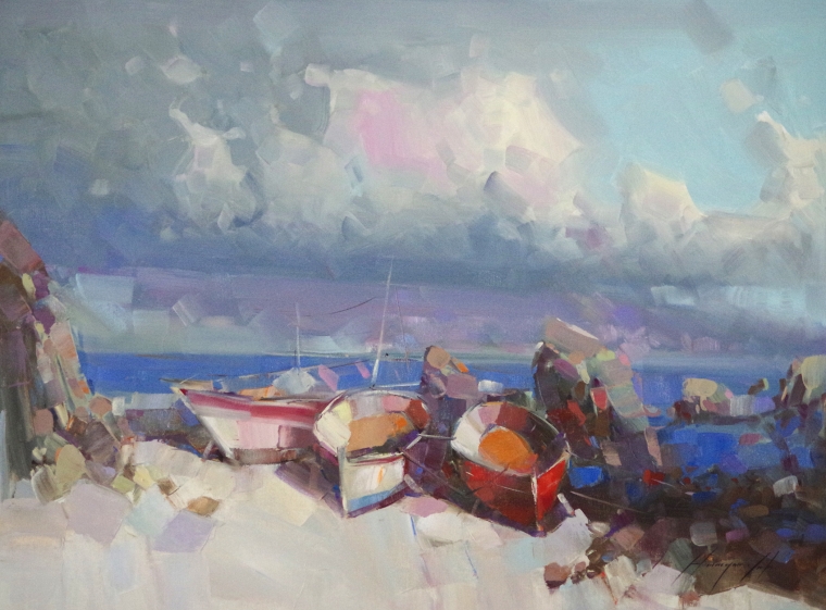 Boats on the Shore, Original oil Painting by Palette Knife, Handmade artwork