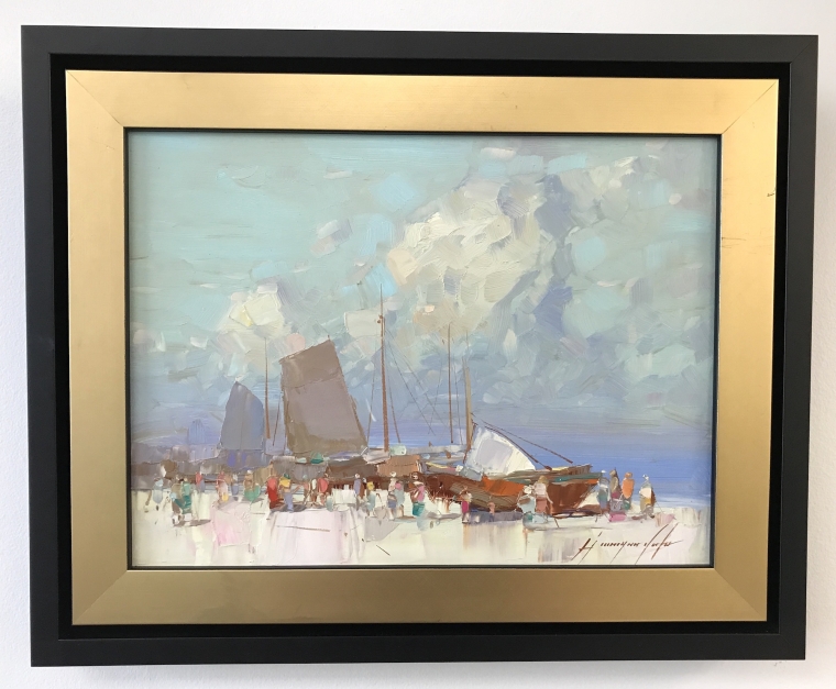 Harbor, Original oil Painting, Handmade artwork, Framed, Ready to Hang 